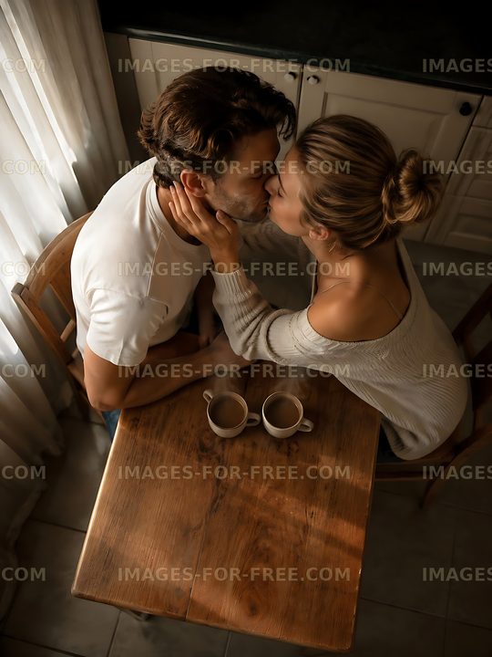 Couple sharing a kiss at a wooden table in a cozy kitchen