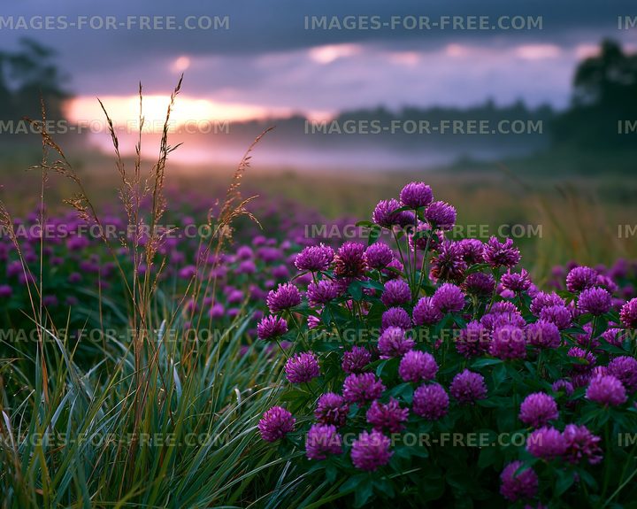 Blooming purple flowers in a misty field at sunset