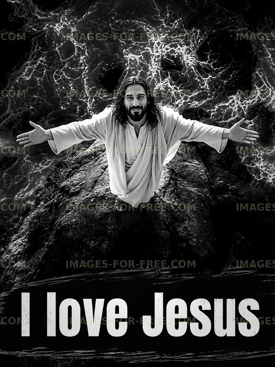 Jesus with open arms standing on a rock
