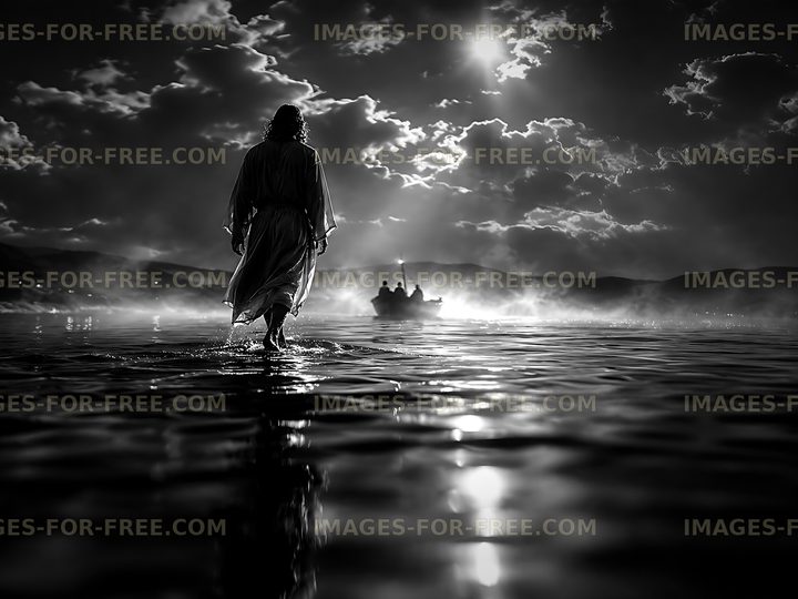 Person walking on water under a cloudy sky