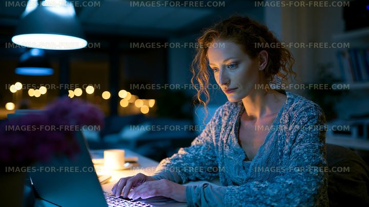 Woman working late at night on a laptop in a cozy room