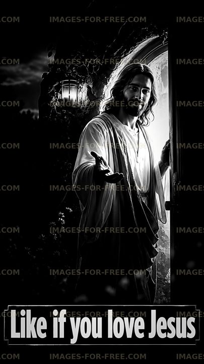 Jesus standing at a doorway inviting viewers with an open hand