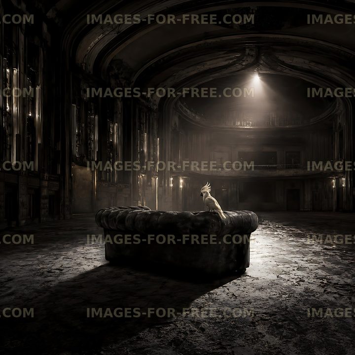 Abandoned theater with a couch and a bird under dim lighting