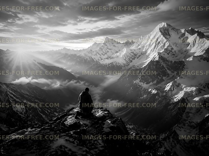 Mountain view with a person sitting alone at sunset