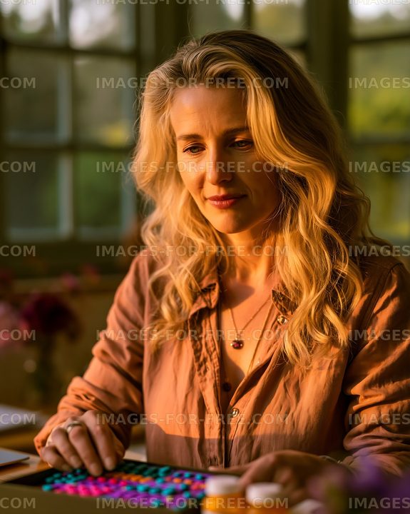 Woman working at a desk with colorful keyboard in warm light