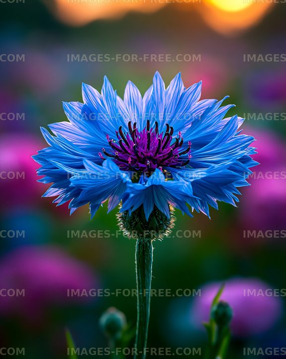Bright blue flower with purple center in field at sunset