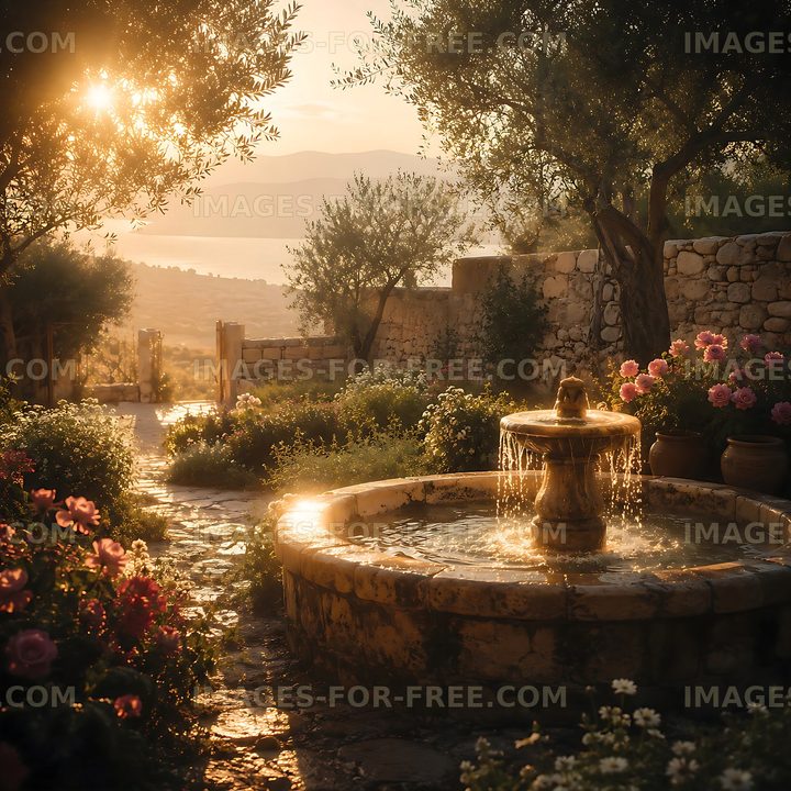 Fountain surrounded by flowers at sunset