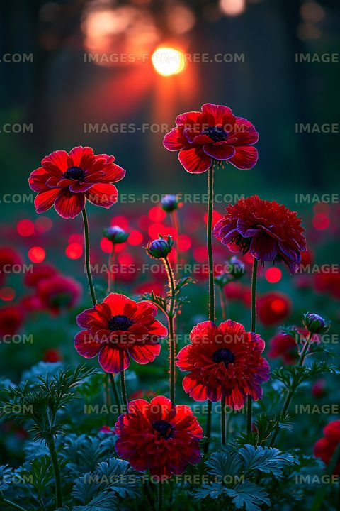 Flowers blooming at sunset in a colorful garden