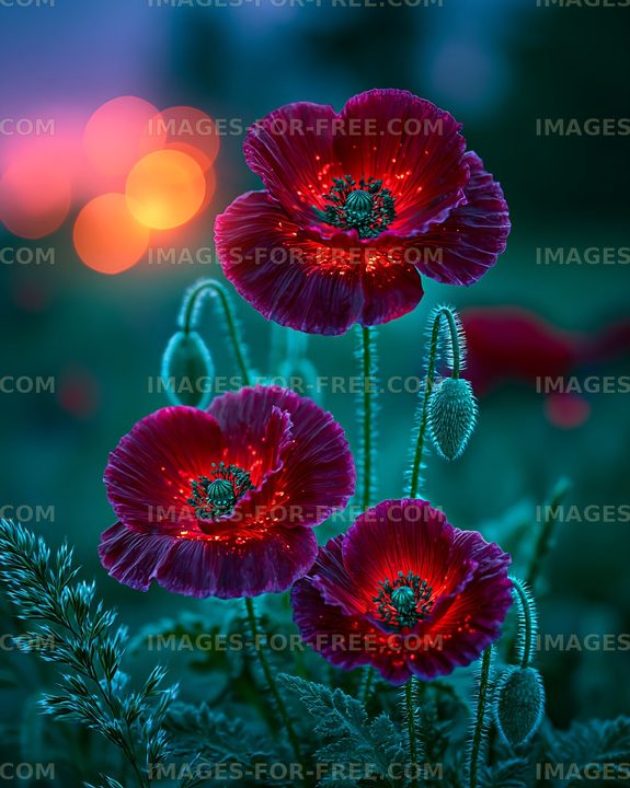 Vibrant red poppies blooming in soft evening light