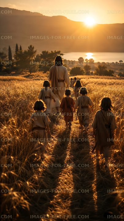 Walking in a field at sunset with children