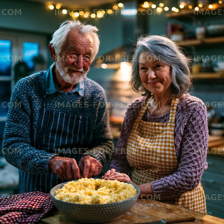 Elderly couple preparing mashed potatoes in a cozy kitchen
