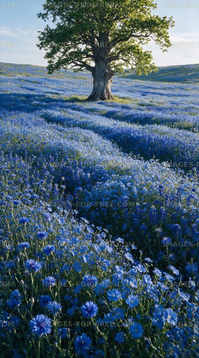Vast field of blue flowers with a single tree in the background