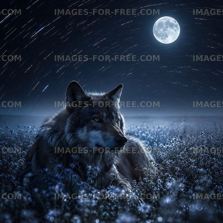 Wolf resting in a moonlit field under a starry sky