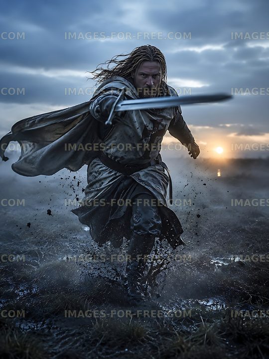Warrior charging with sword at sunset