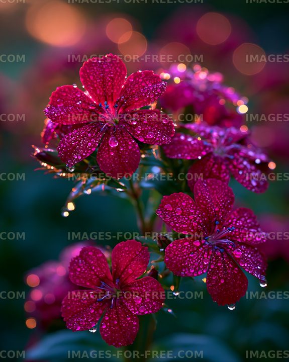 Pink flowers covered in morning dew with sunlight glimmering