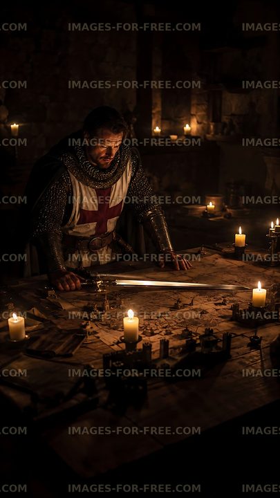 Knight examining a map on a table surrounded by candles
