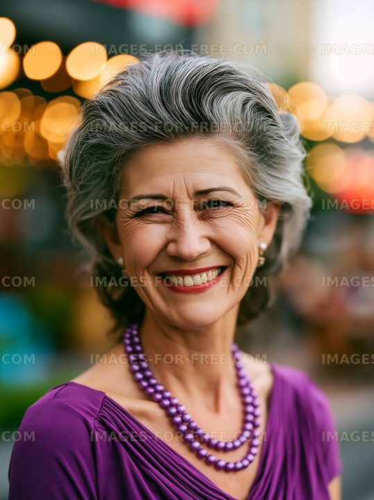 Smiling woman in purple outfit with necklace in outdoor setting