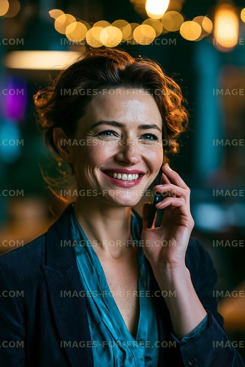 Woman talking on the phone in a cafe setting