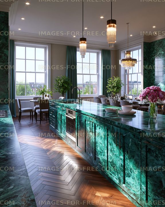 Modern kitchen design with green marble countertops and wood flooring