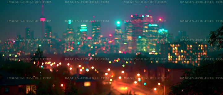 City skyline at night with colorful lights and soft focus