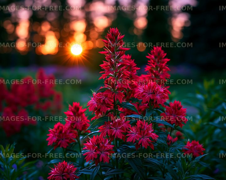 Red flowers bloom in garden during sunset