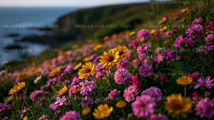 Colorful wildflowers bloom on a coastal hillside at sunset