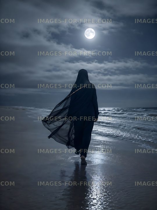 Person walking on beach at night under full moon