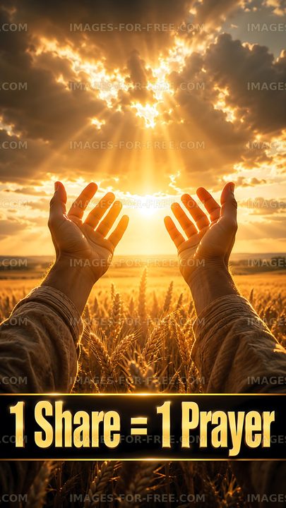 Hands raised in wheat field with light shining through clouds