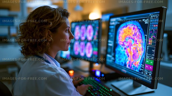 Scientist analyzes brain scans in modern laboratory setting