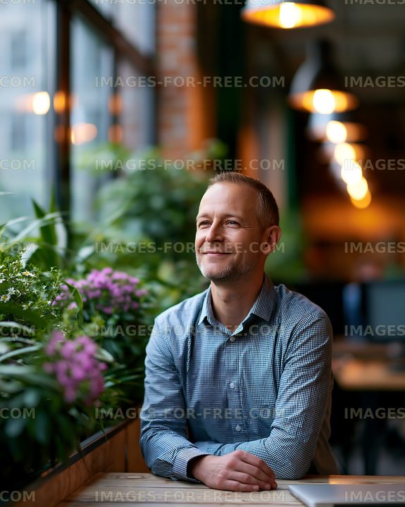 Man sitting by a window with plants and flowers in a cafe