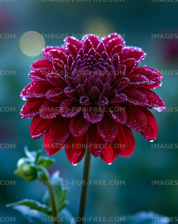 Red flower with dew drops in garden during early morning