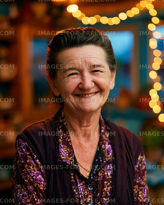 Smiling woman with warm expression in cozy setting