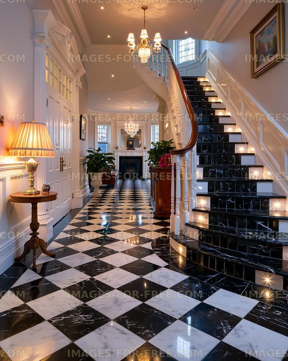 Elegant entrance hall with staircase and checkerboard flooring