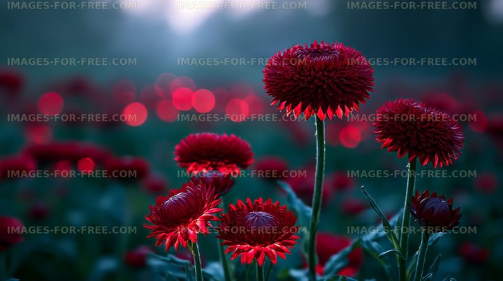 Red flowers in a field with blurred background lights