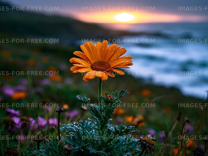 Orange flower in front of ocean at sunset