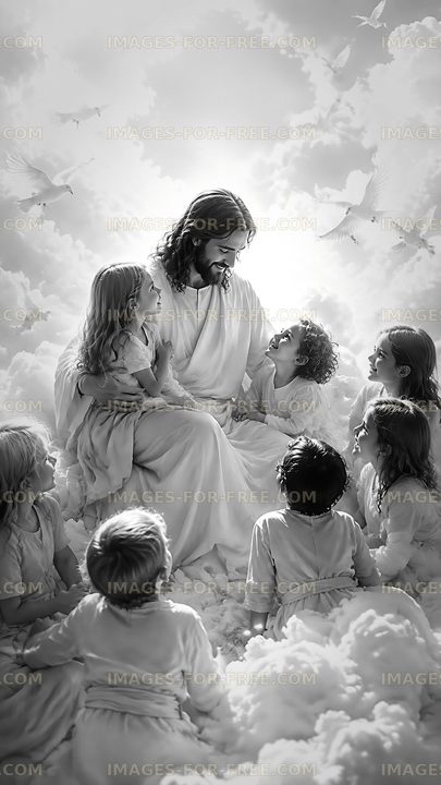 Jesus sitting with children in a cloud setting