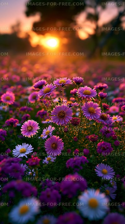 Colorful flowers blooming at sunset