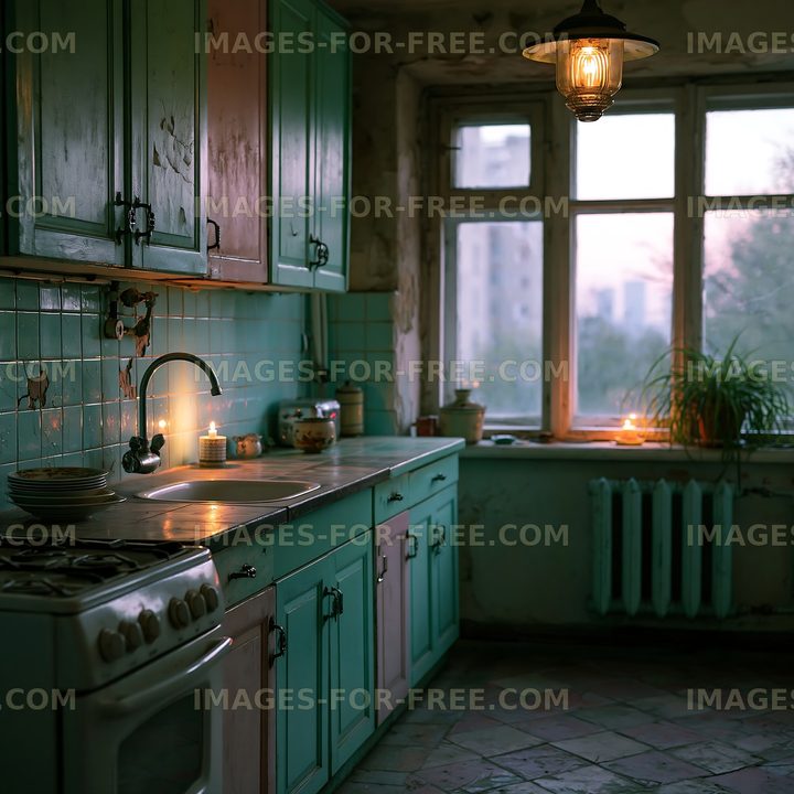 Cozy kitchen with teal cabinets and warm evening lighting