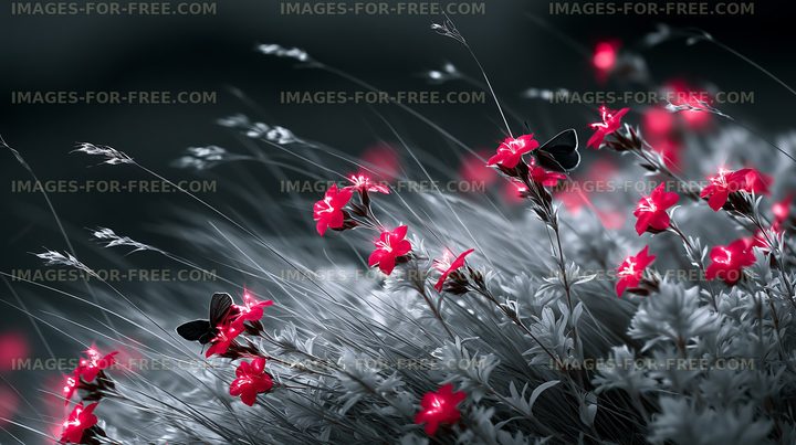 Red flowers with butterflies in a black and white landscape