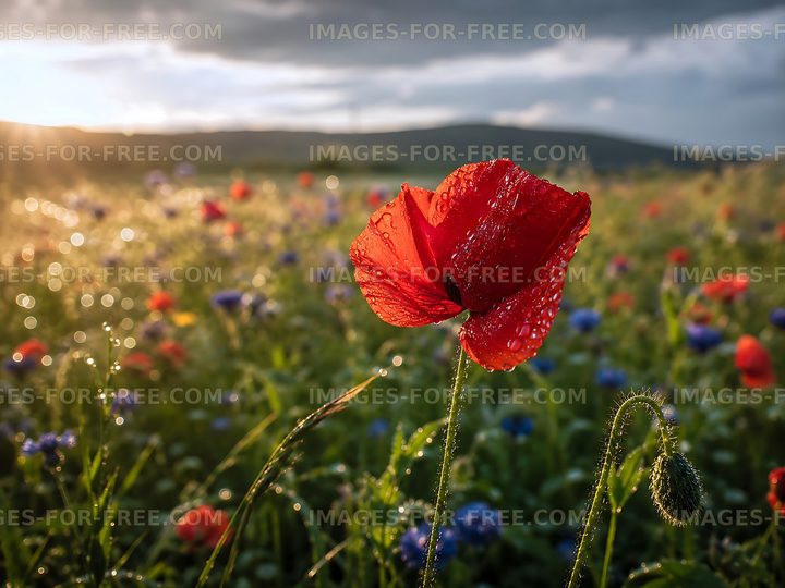 Red poppy flower in a field with blue flowers at sunset