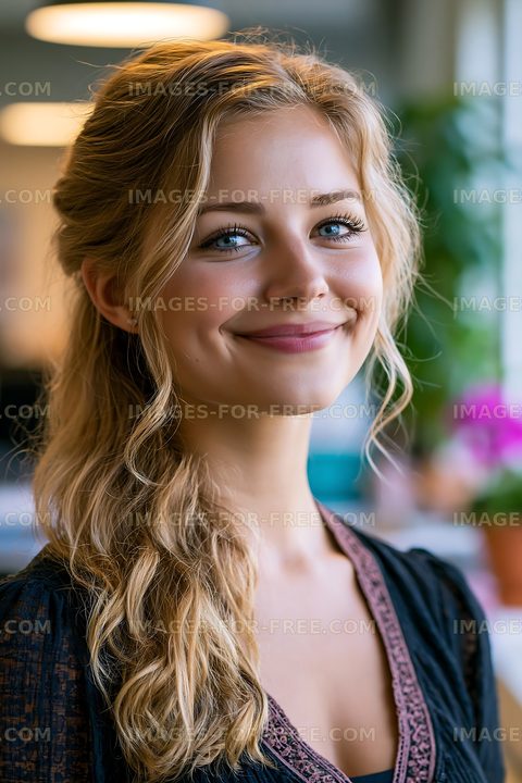 Smiling woman with long hair in a bright indoor setting