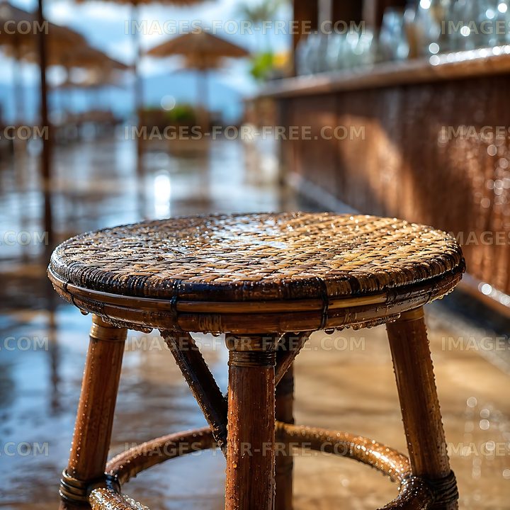Wet bamboo stool at a beach bar on a sunny day