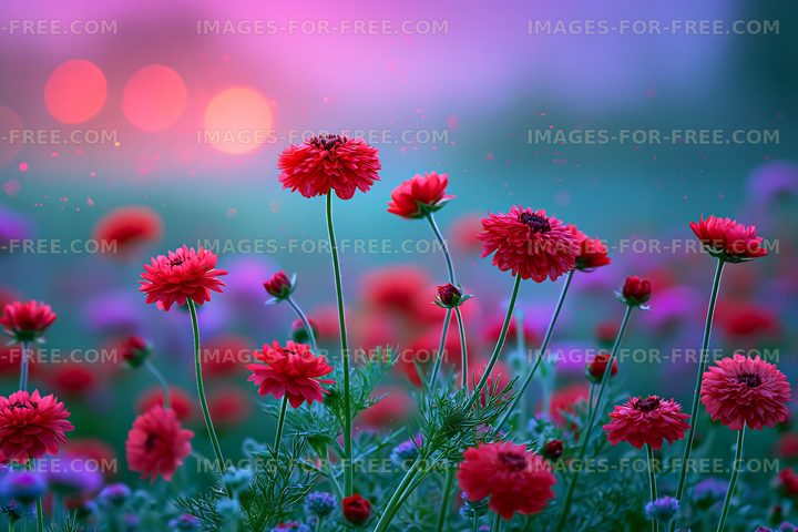 Red flowers bloom under pink and purple sunset sky