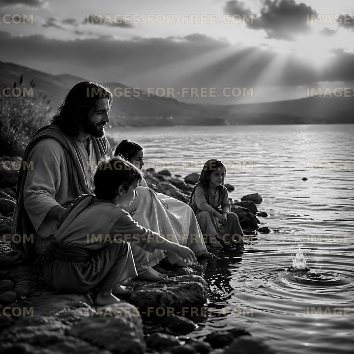 Children playing by the water with an adult in black and white