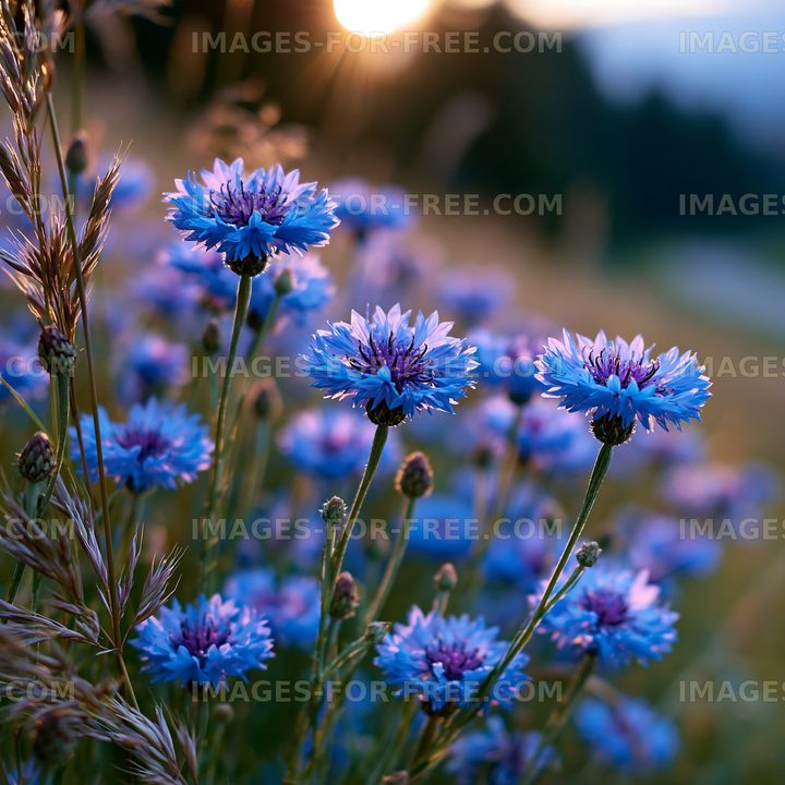 Blue flowers blooming at sunset in a grassy field