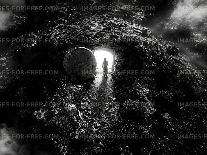 Mysterious cave entrance with a figure stepping outside