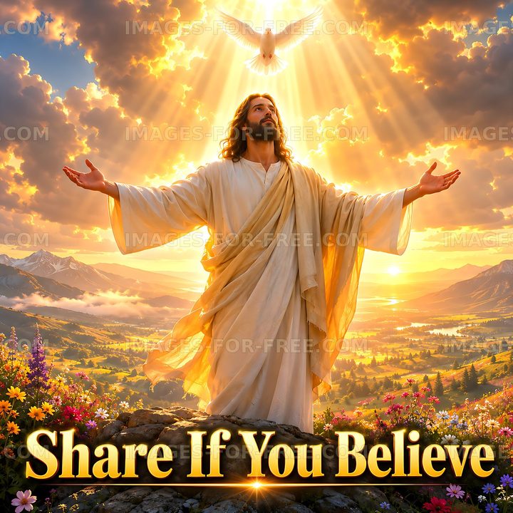 Light surrounds figure with open arms amidst mountains