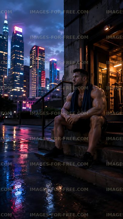 Muscular man resting at an urban gym with city skyline view