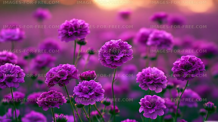 Purple flowers bloom in a vibrant field during sunset