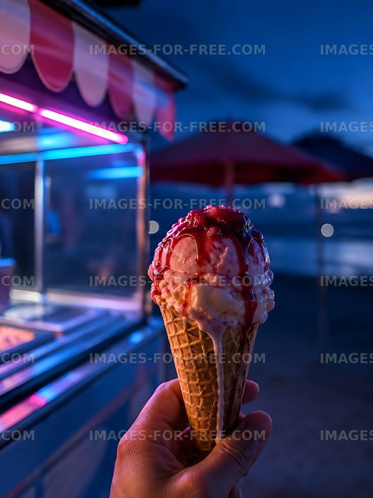 Ice cream cone with syrup at a beach stand in evening light